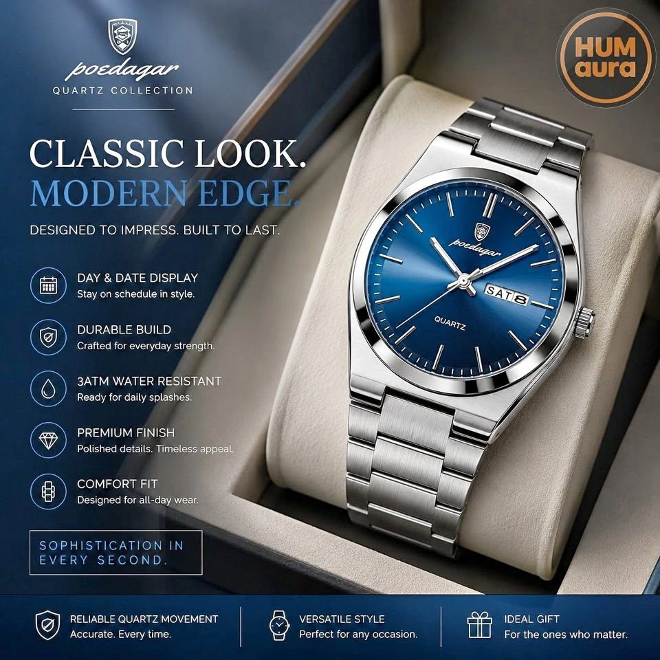 Men's Blue Dial Luxury Style Watch | Brand New | Day & Date