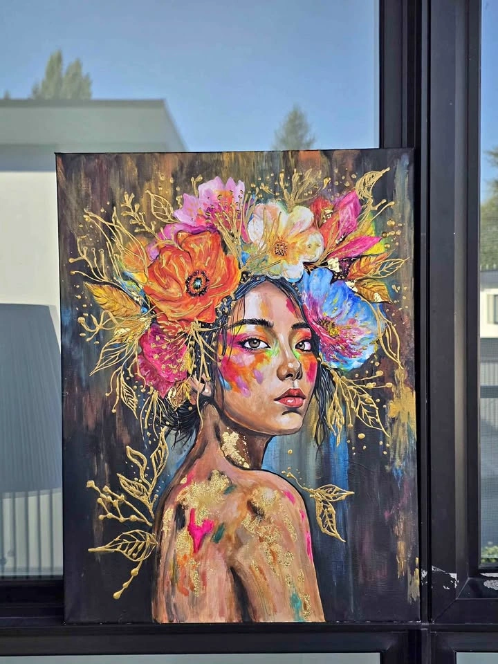 ACRYLIC PAINTING WOMAN FLOWERS DARK