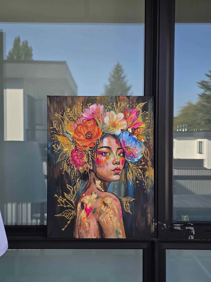 ACRYLIC PAINTING WOMAN FLOWERS DARK - photo 2