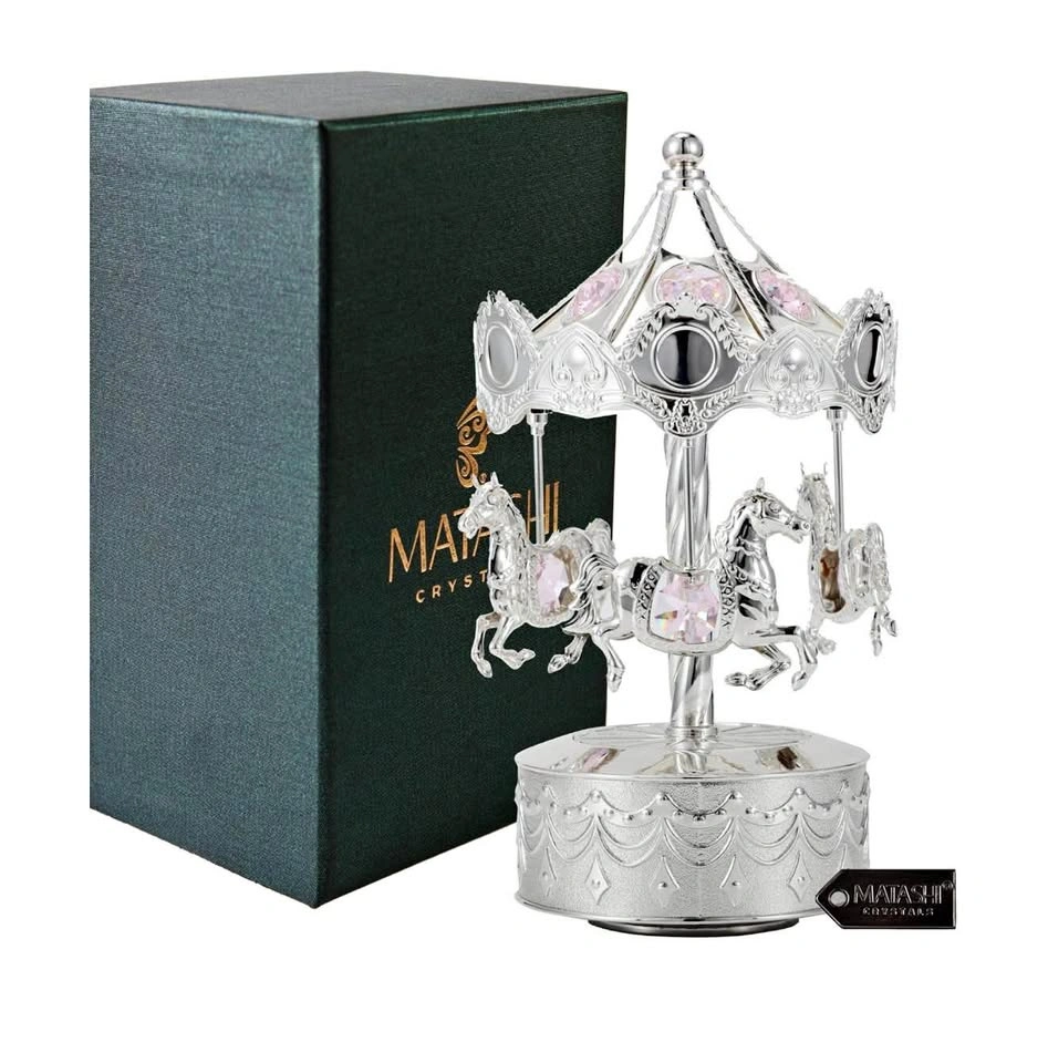 Silver Plated Music Box with Crystal Studded Silver Carousel