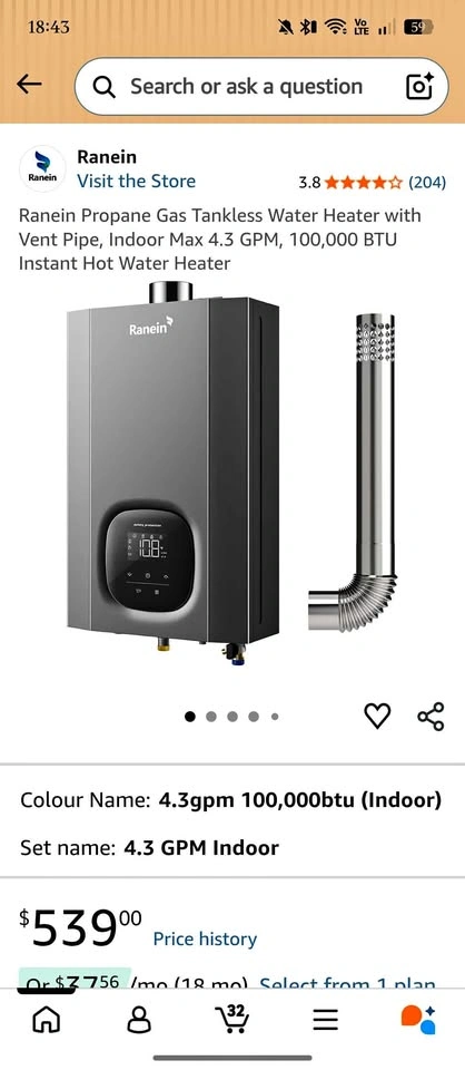 Ranein Propane Gas Tankless Water Heater, Indoor 4.3 GPM