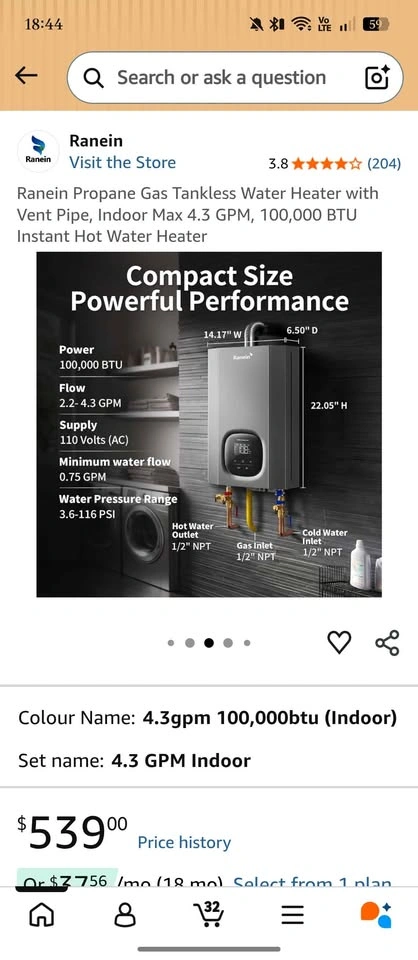 Ranein Propane Gas Tankless Water Heater, Indoor 4.3 GPM - photo 4