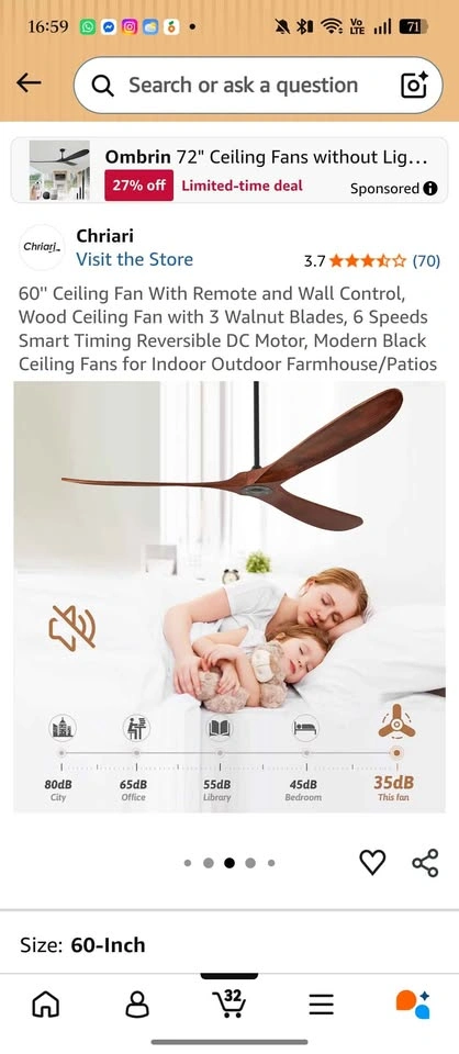 60'' Ceiling Fan with Remote, 3 Walnut Blades, 6 Speeds - photo 4