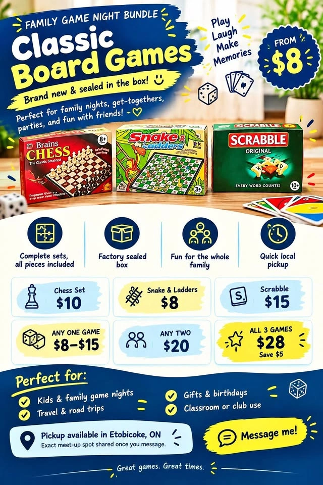 Board Games Bundle – Chess, Snake & Ladders, Scrabble