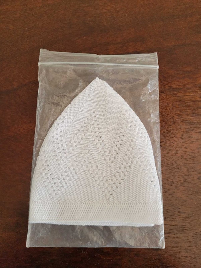 New White Knitted Men's Kufi Prayer Cap with a Diamond Pattern