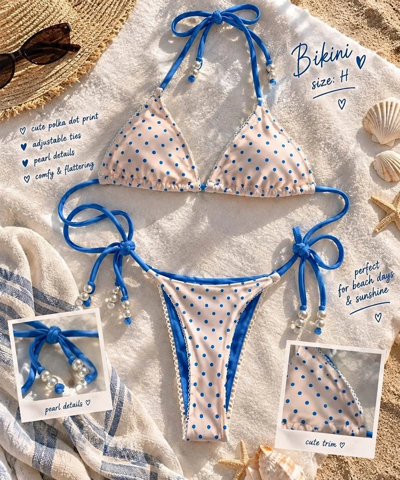 Blue & White Polka Dot Bikini Set with Pearl