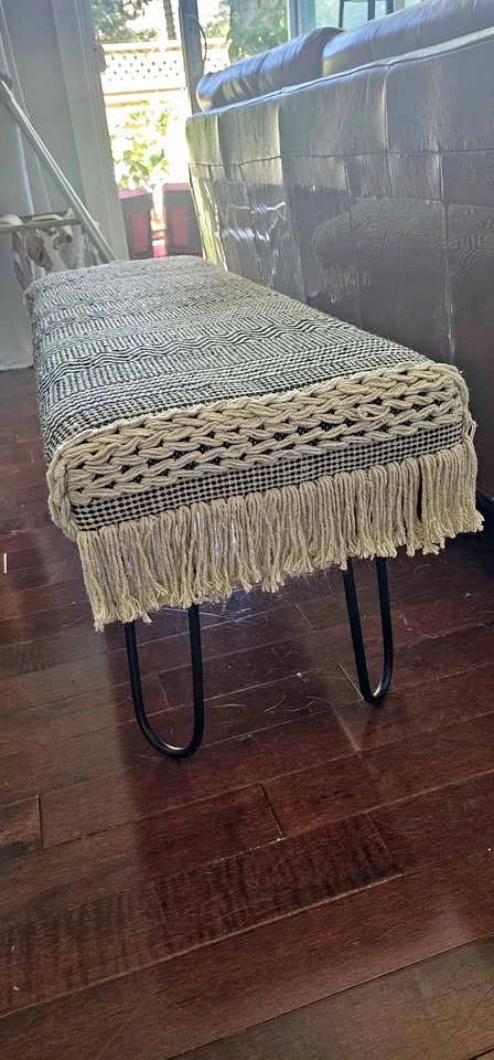 Boho Woven Macrame Bench with Hairpin Legs