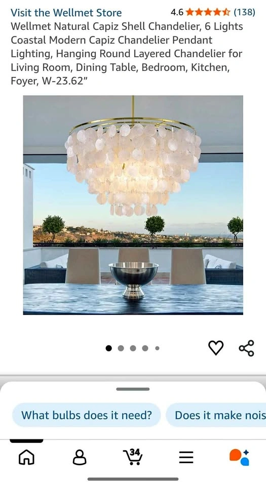 Wellmet Natural Capiz Shell Chandelier, 6 Lights
