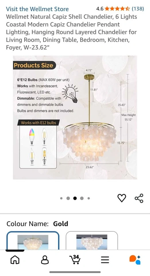 Wellmet Natural Capiz Shell Chandelier, 6 Lights - photo 3