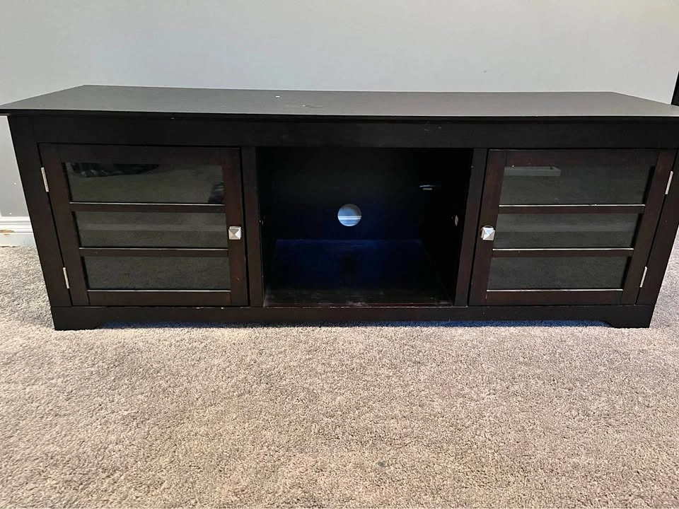Dark Wood TV Stand with Glass Doors