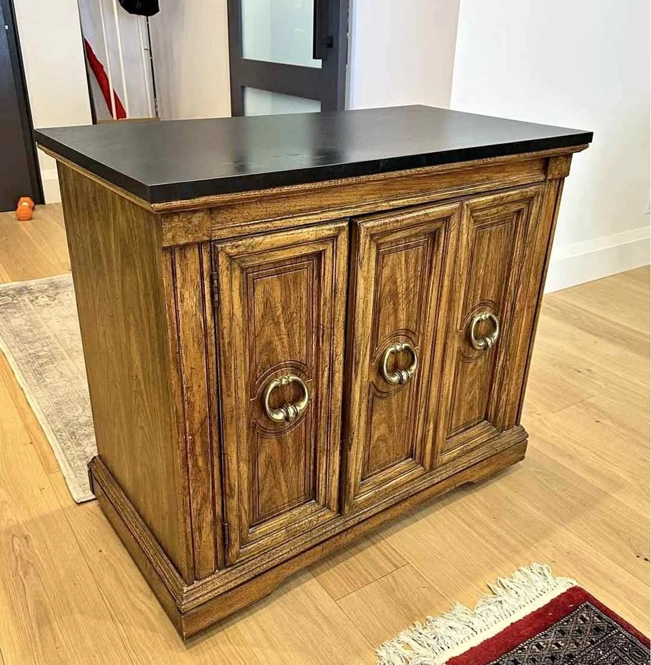 Vintage Wood Table/Cabinet with Black Top