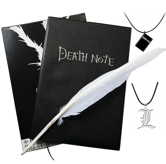 NEW 4 PCS Set Death Note Book Journal, Feather Pen, L Necklace