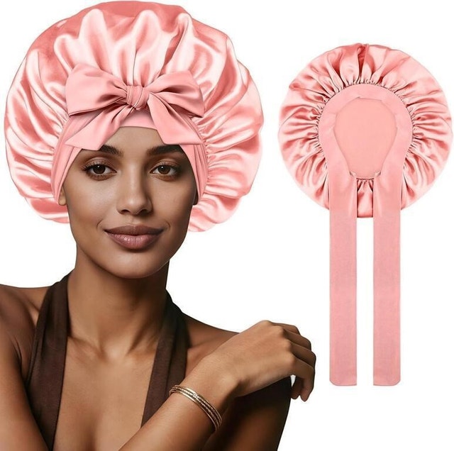Satin Sleep Pink Bonnet Women Adjustable Tie Band Hair Bonnet