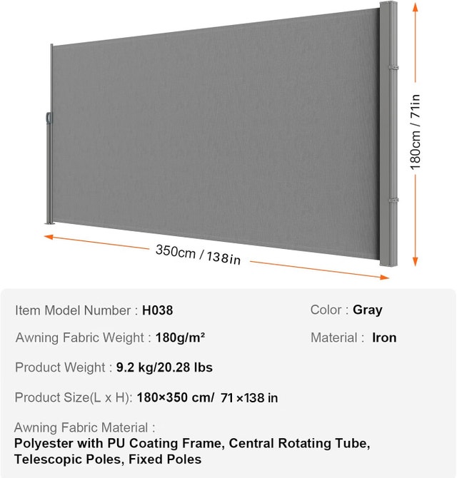 NEW Retractable Side Awning, 71''x 138'' Outdoor Privacy Screen - photo 2