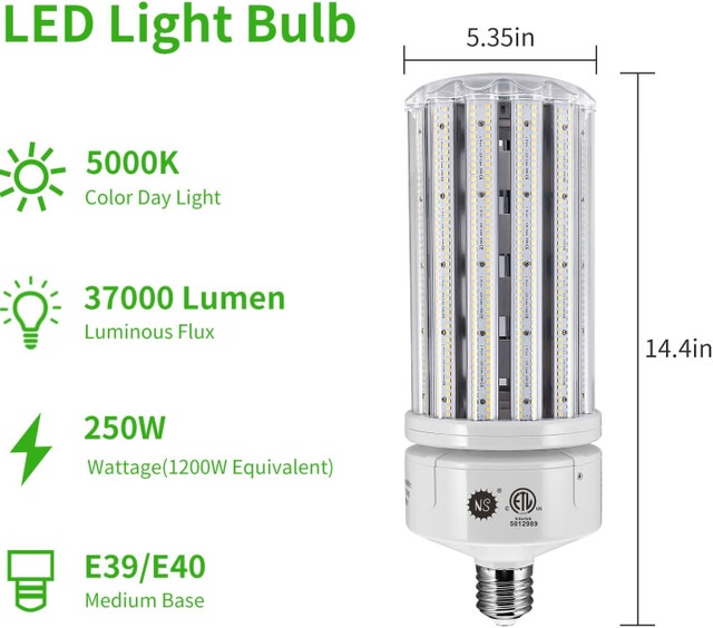 NEW NS 250W LED Corn Cob Light Bulb, 1000 Watt Metal 5000K - photo 2