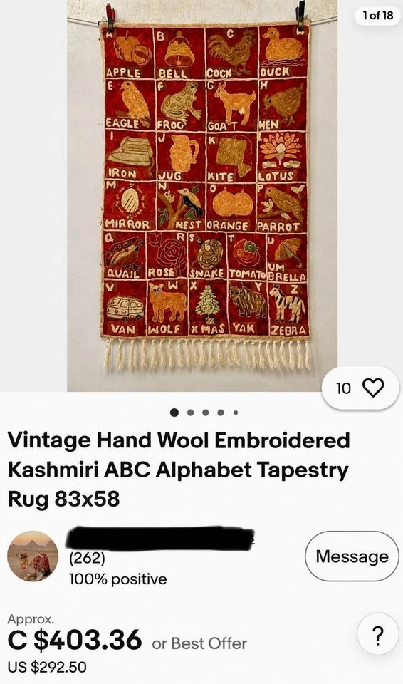 Vintage Hand Wool Embroidered Kashmiri ABC Alphabet Tapestry - photo 2