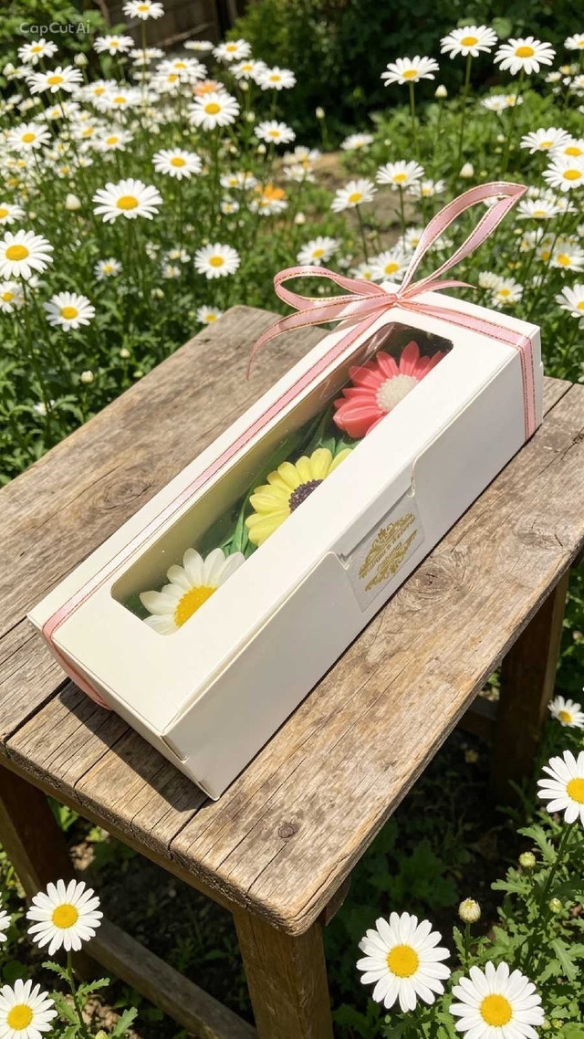 Handcrafted decorative daisy candles (set of 3) in a 20 cm box - photo 2