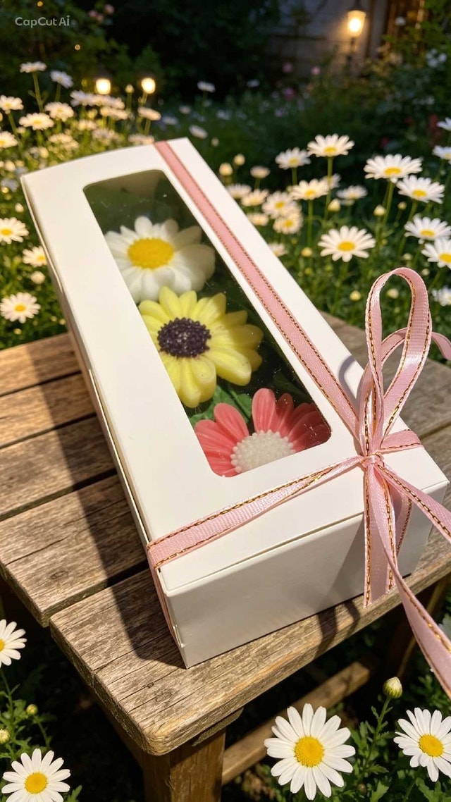 Handcrafted decorative daisy candles (set of 3) in a 20 cm box - photo 4
