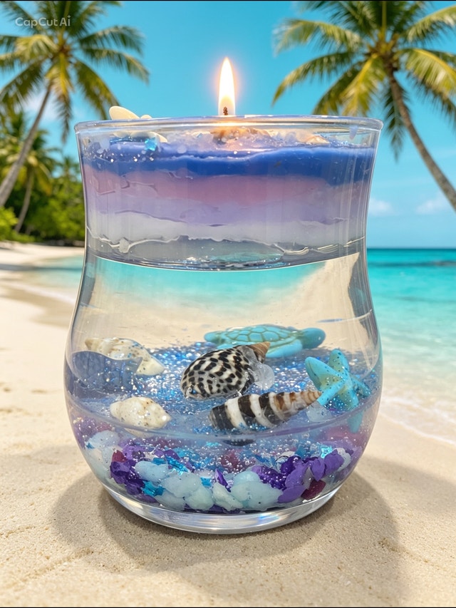 Handcrafted aquarium-themed candle in a glass container