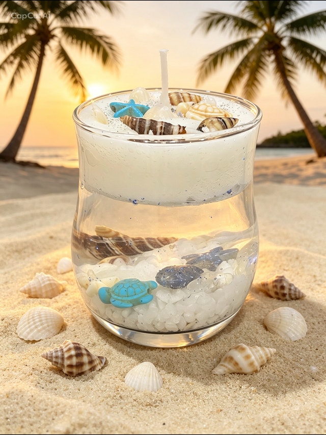 Handcrafted aquarium-themed candle in a glass container - photo 3