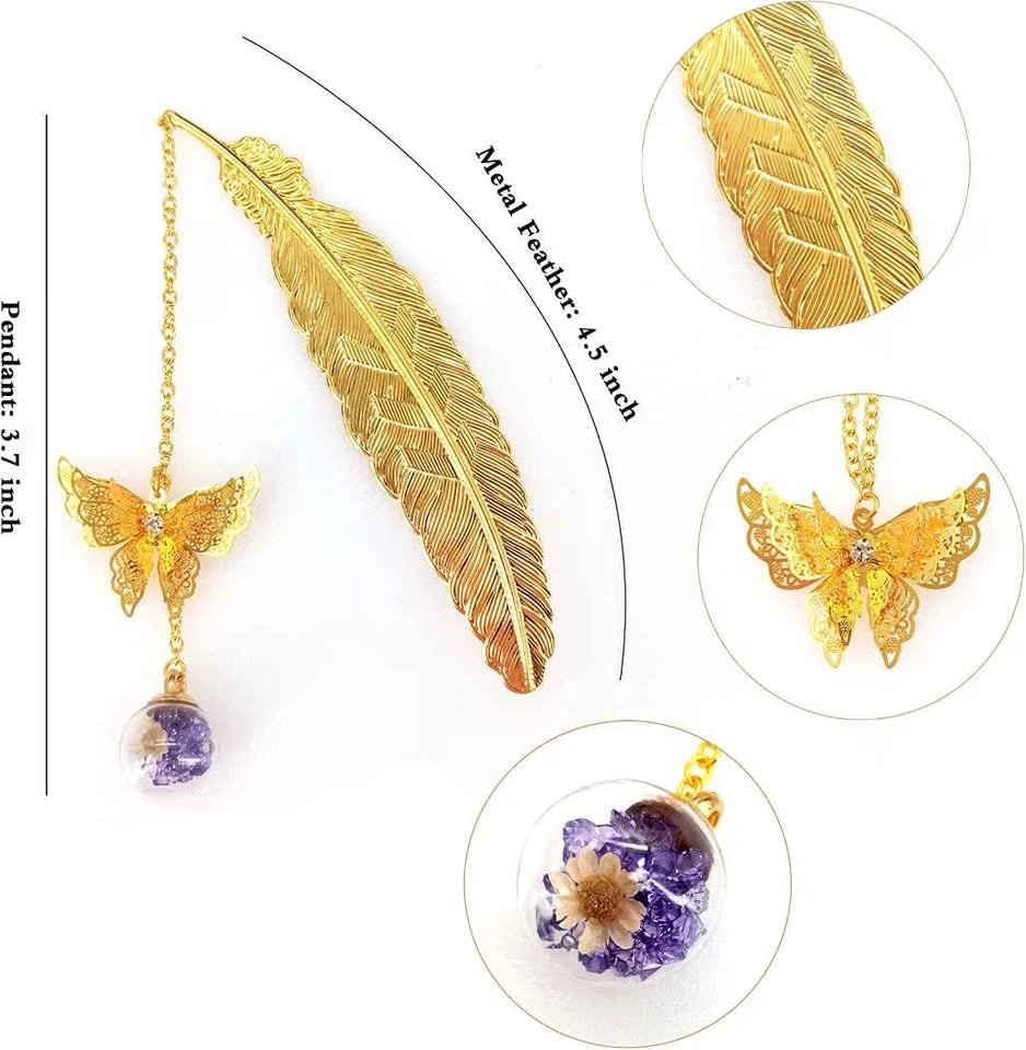 Brand New Gold-tone Metal Feather Bookmark with Butterfly - photo 2