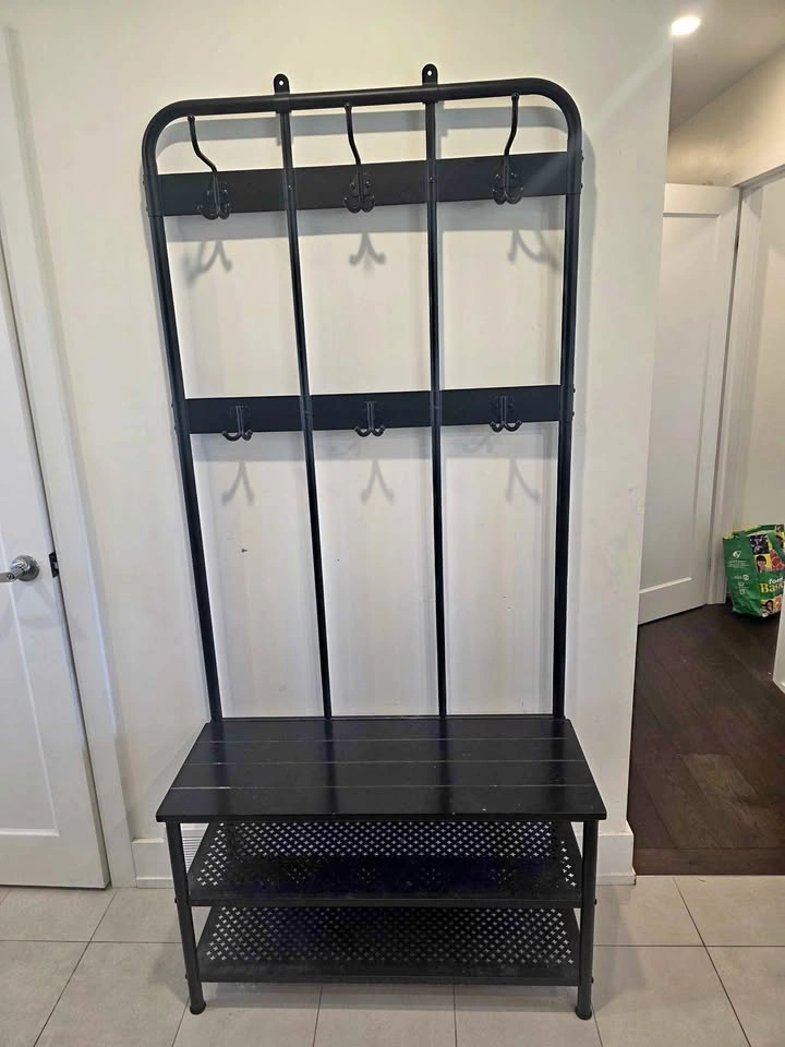 Black Coat Rack Stand with 2-Tier Shoe Bench