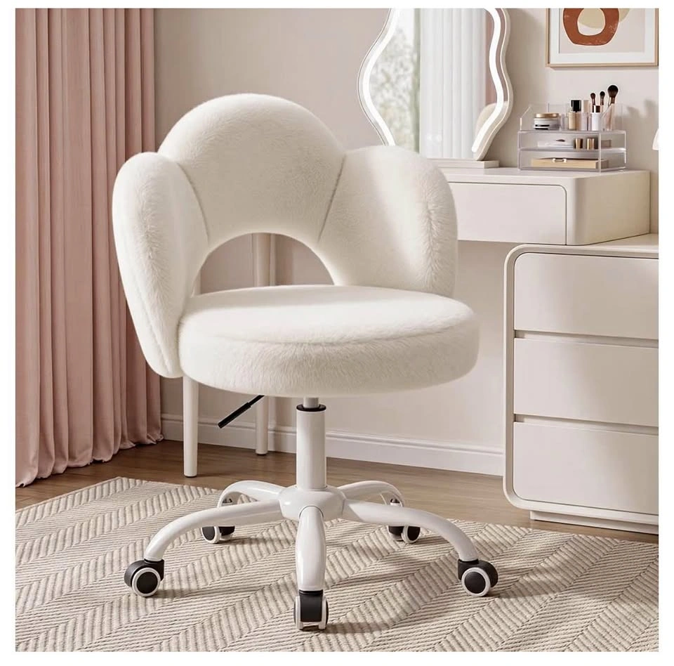 New White Faux Fur Swivel Vanity Chair