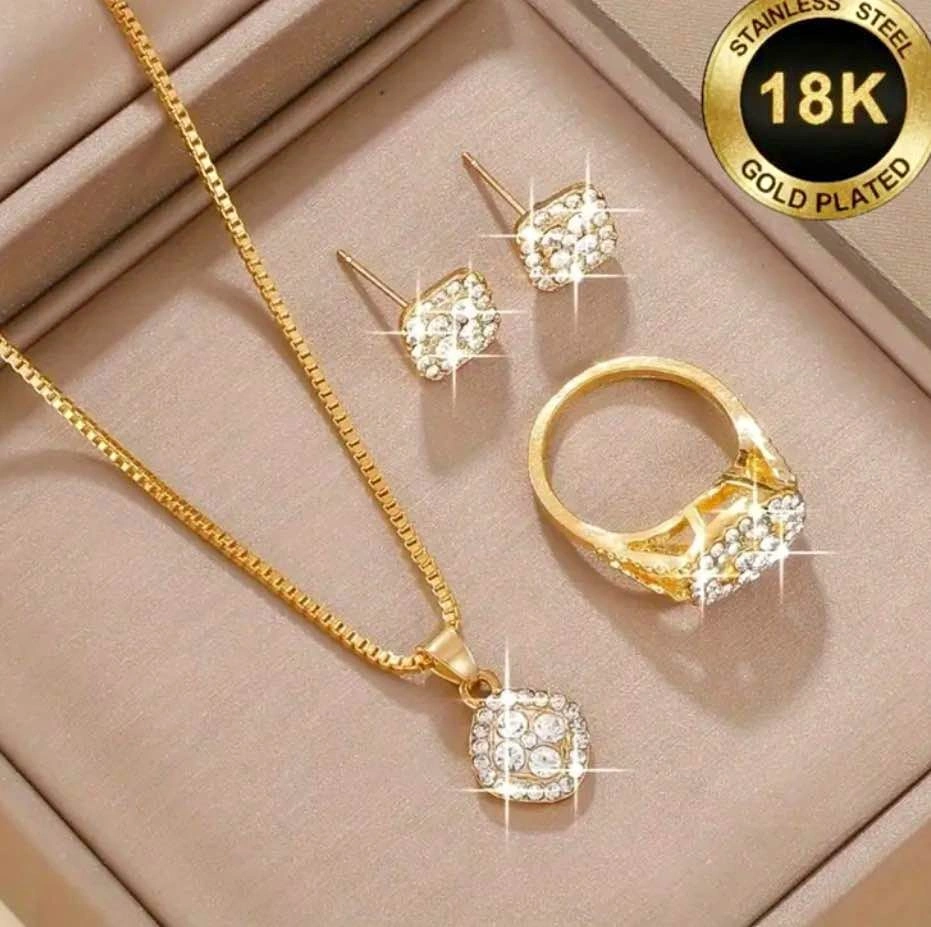 18K Gold Plated Jewelry Set - Necklace, Earrings, Ring
