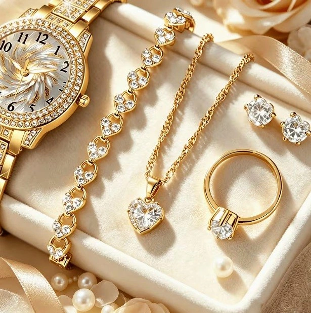 5pcs Lux Jewelry Set, Shiny Golden Heart Design