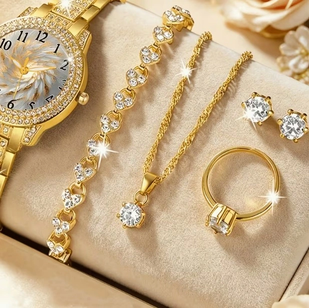 5pcs Lux Jewelry Set, Shiny Golden Heart Design - photo 2