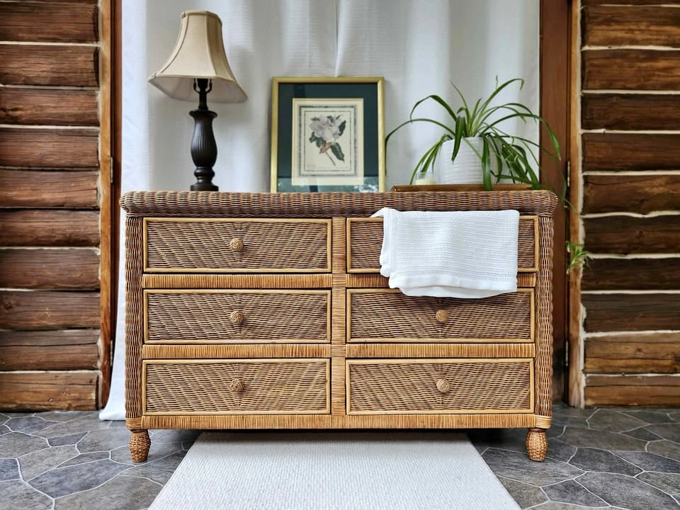Boho Wicker & Rattan 6-Drawer Dresser – Natural Finish