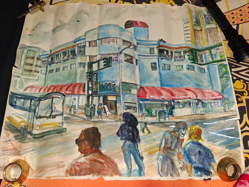 Original OOAK Urban Sketch City Street Scene w/ Buildings People