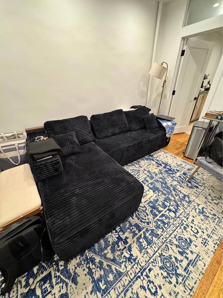 Oversized Black Corduroy Sectional Sofa w/ Chaise – 108”