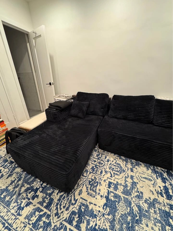 Oversized Black Corduroy Sectional Sofa w/ Chaise – 108” - photo 2