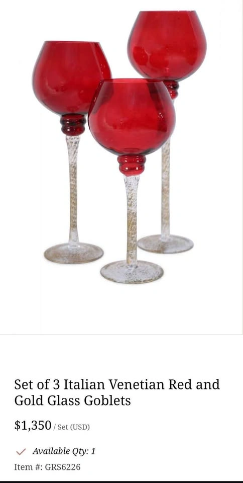 Set of 3 Venetian-style Red and Gold Tone Glass Goblets - photo 2