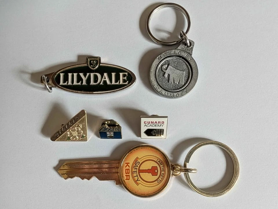 Assortment of Vintage Metal Lapel Pins and Keychains