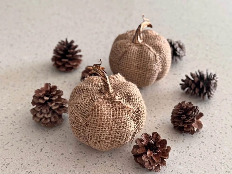 Burlap Pumpkin Decor and Thin Table Runner