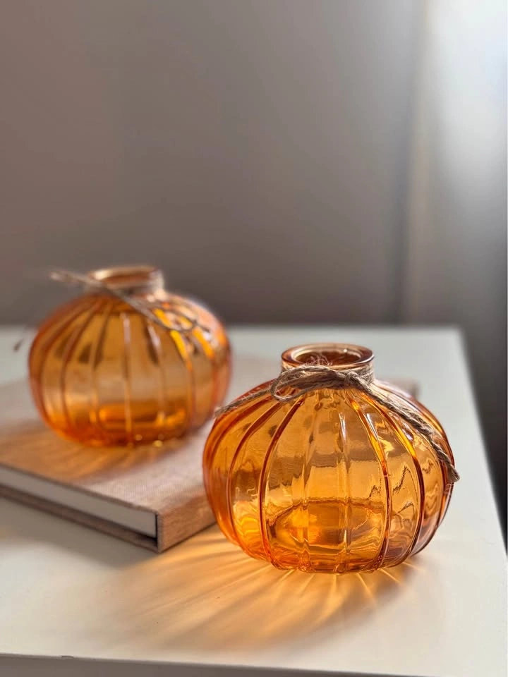 Set of 2 Amber Ribbed Glass Pumpkin Vases