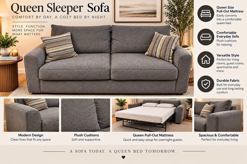 Gray Queen Sleeper Sofa with Pull-Out Mattress