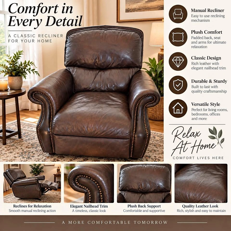Dark Brown Recliner Chair with Nailhead Trim