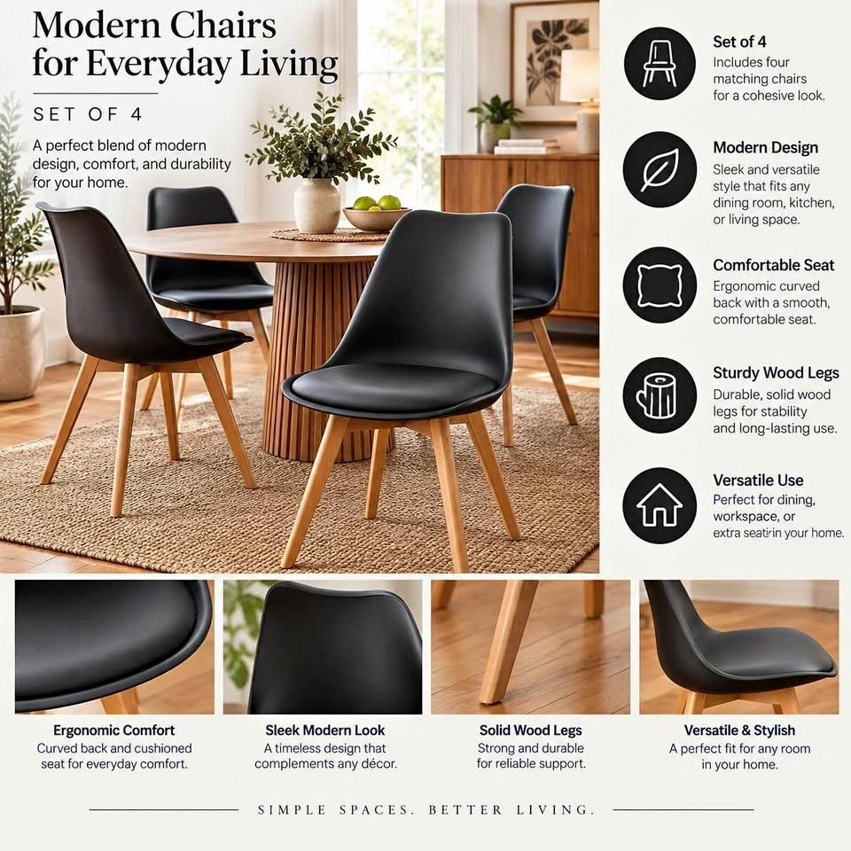 Set of 4 Modern Black Dining Chairs with Wooden Legs