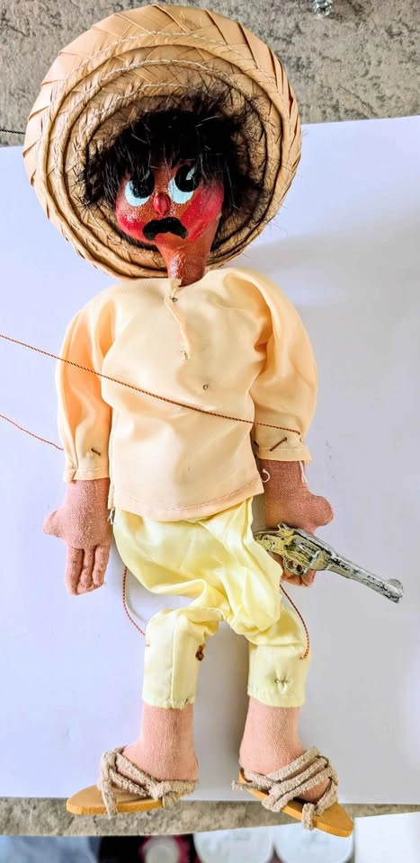 Vintage 11" Tall Mexican Bandito Folk Art Marionette Puppet