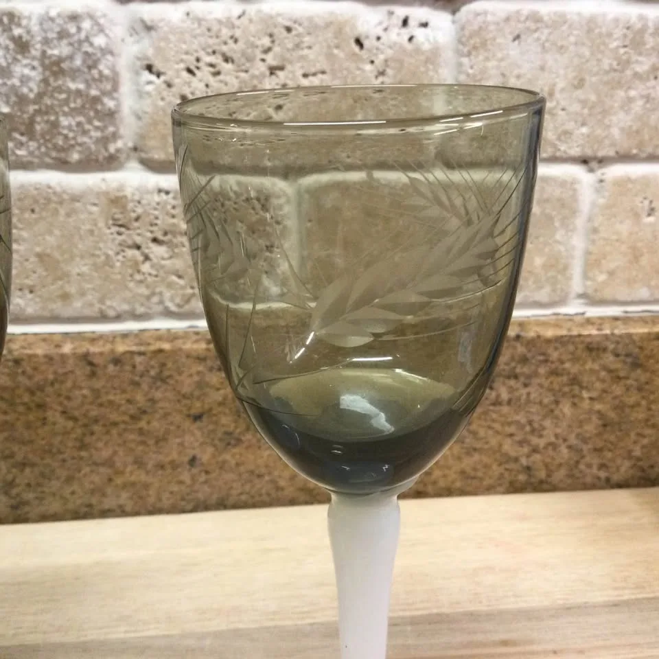 2 x Vintage Etched Smoked Grey Wine Glasses image indicator(2)