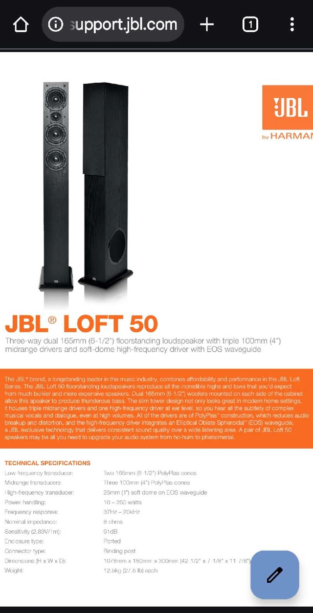 JBL Loft 50 floor standing speaker with subwoofer (Pair)