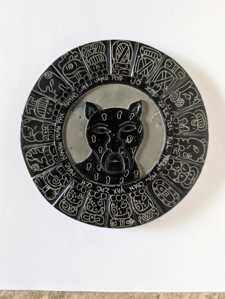 Hand Carved Black Slate Mayan Haab Calendar Stone with Jaguar