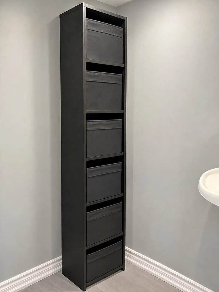 IKEA Tall Black Bookshelf / Storage Shelf + 6 Fabric Bins