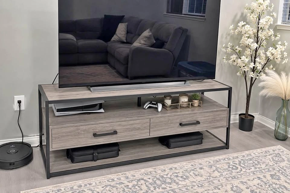 Modern TV Stand / Entertainment Unit – Grey Wood & Black Metal