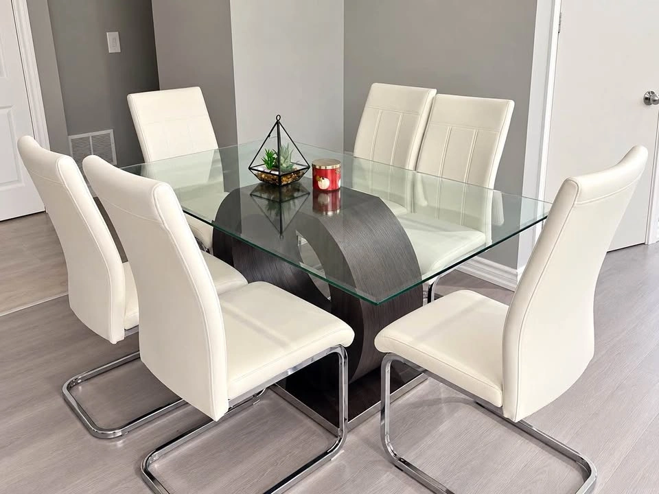 Modern Glass Dining Table + 6 White Chairs