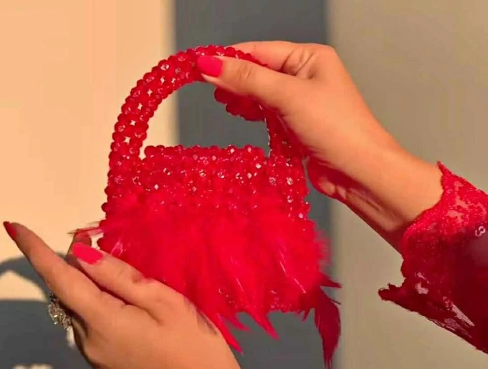 Elegant Red Beaded Crystal HandBag with Crystal Sling - HandMade