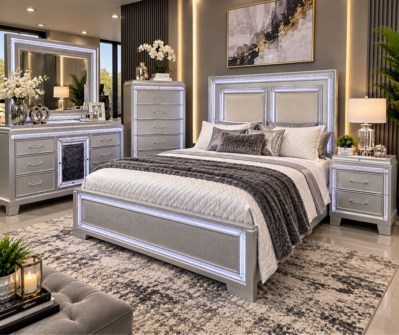 Silver Glam Bedroom Set with LED Trim